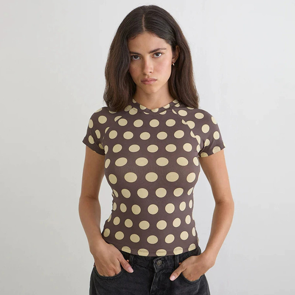 Zara Summer Crew Neck Cropped Polka Dot Tee Top - Picture 2 of 5
